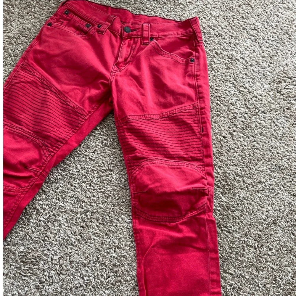True Religion Y2K Moto Jeans Mens Size 32 Red Bikercore McBling Streetwear